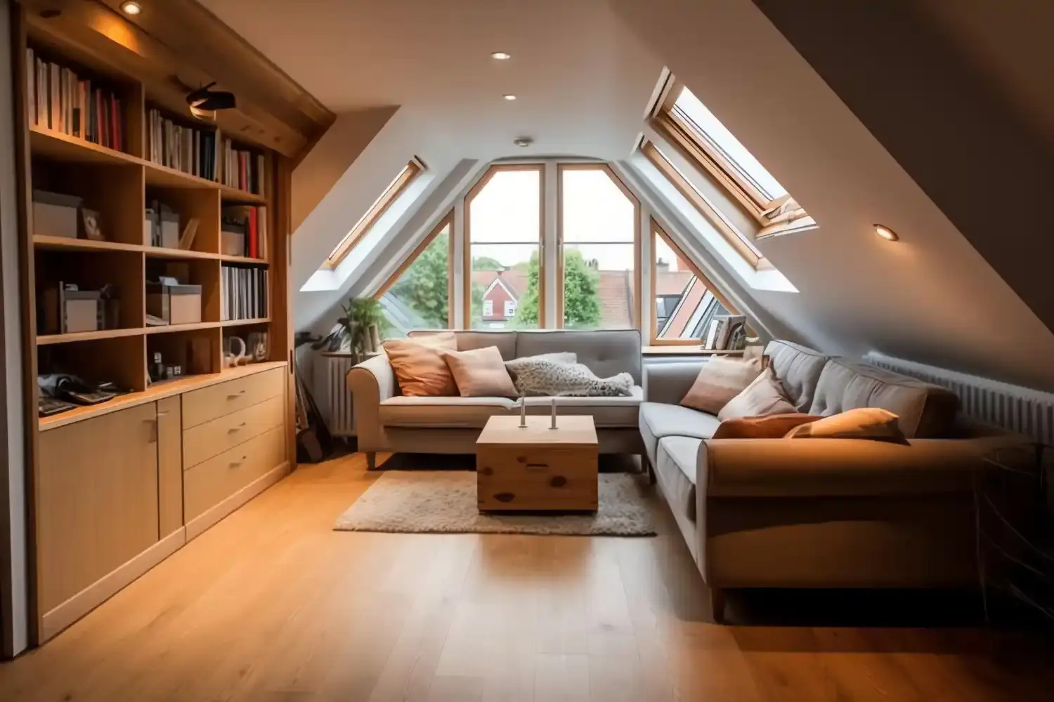 An attic living room with sloped ceilings, two sofas, a wooden coffee table, shelves with books, and skylight windows letting in natural light.