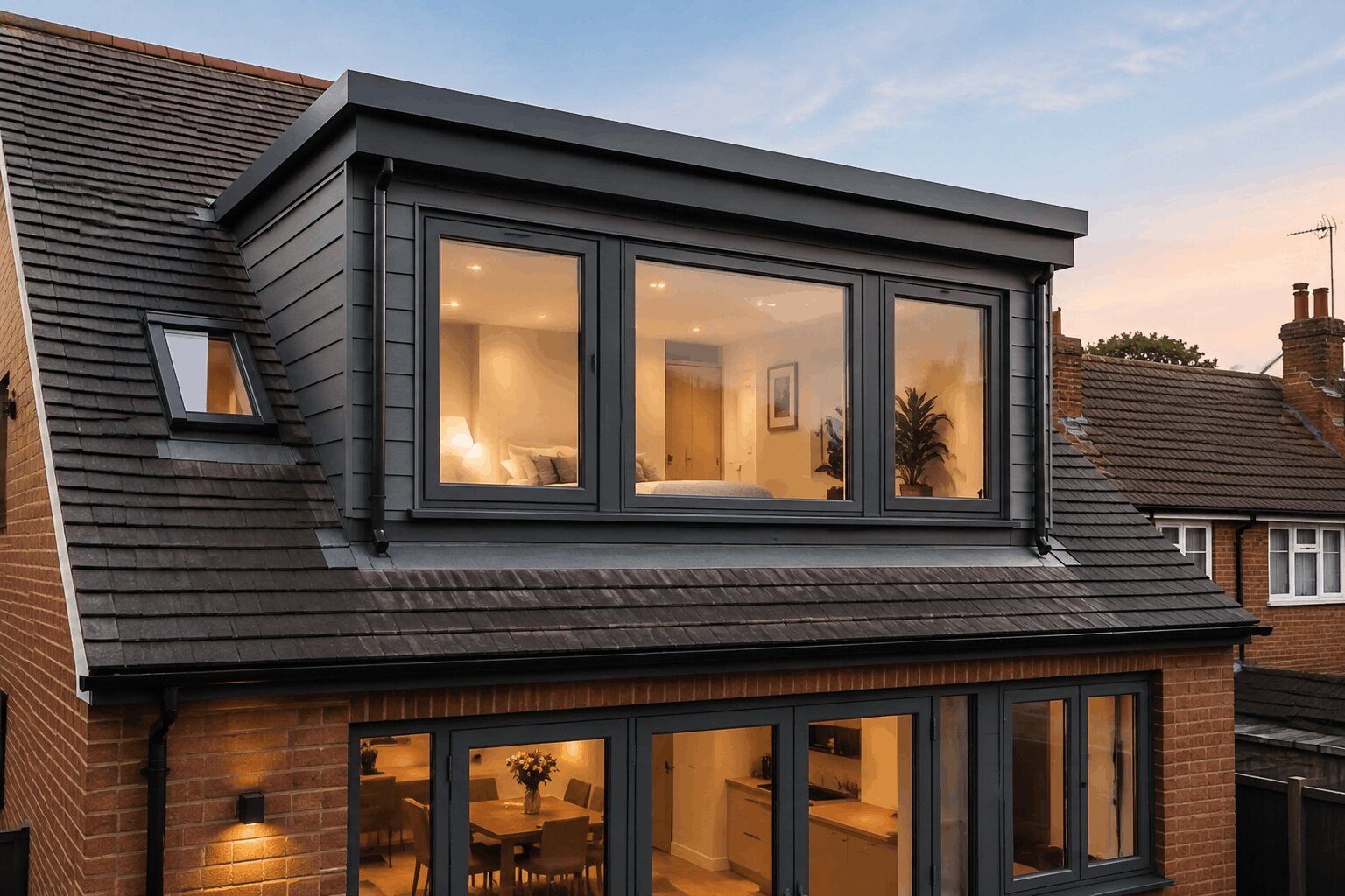 Exterior view of a modern loft conversion with large dark gray framed windows on a tiled roof.