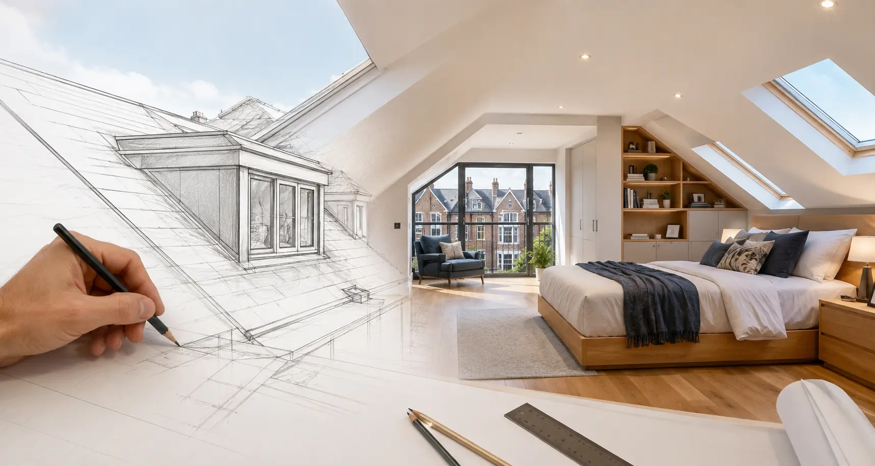 Split image showing a hand sketching a dormer-roof design beside a finished attic bedroom with skylights, built-in shelves, and a city view.
