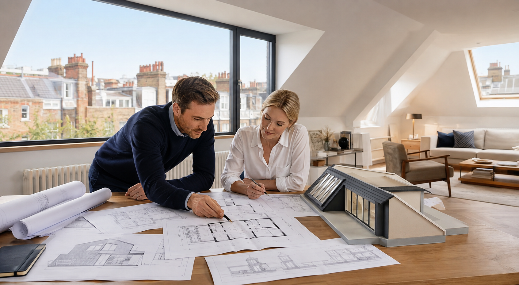 Architects review building plans spread across a table in a bright office, with models and city buildings visible through the windows.