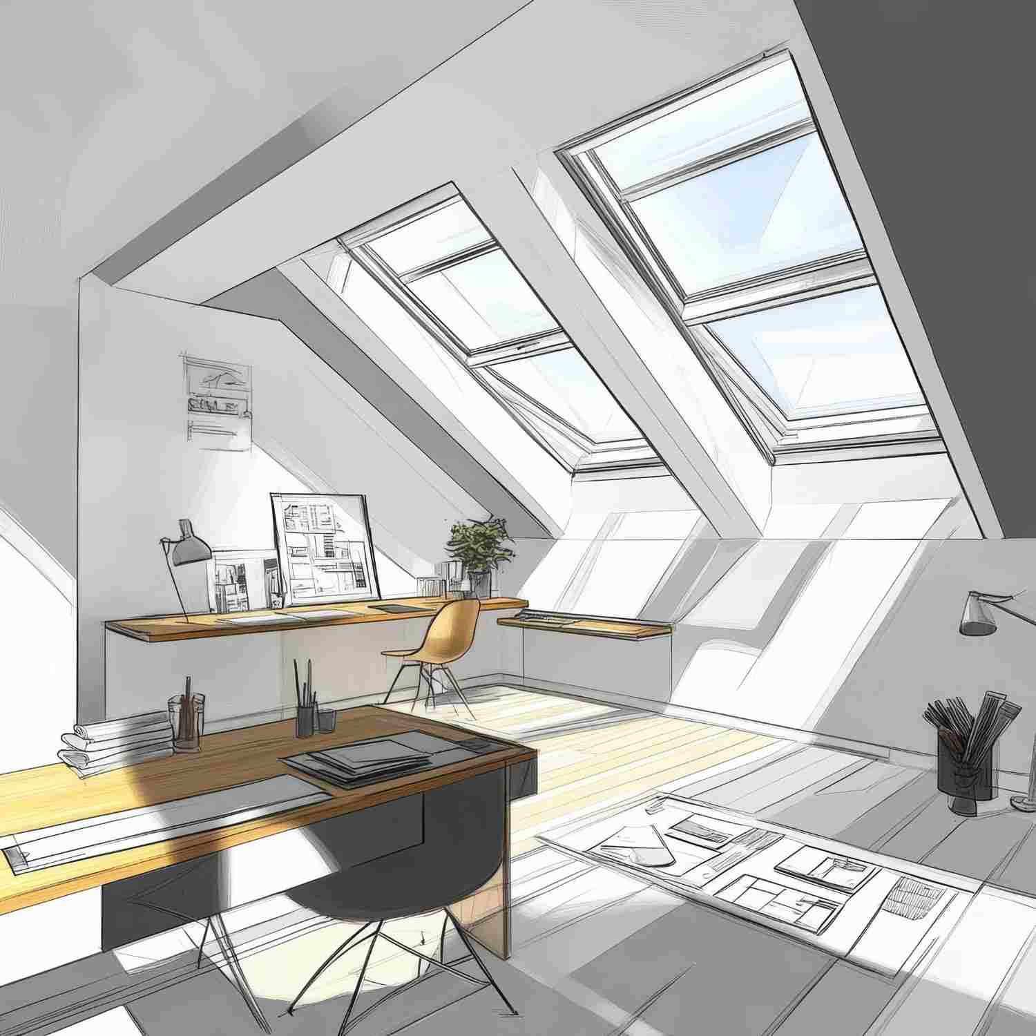 Bright attic office with skylights, a wooden desk and chair, drafting tools, framed artwork, and sunlight casting window shadows on the floor.